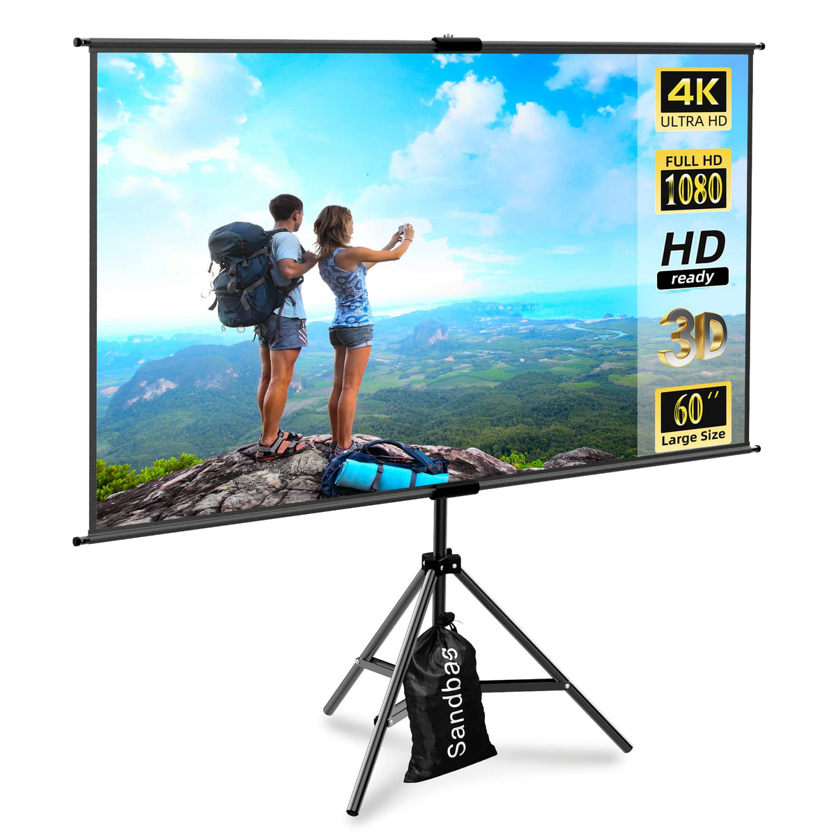 Portable Tripod Projector Screen with Stand, 16:9 4K Ultra HD 1080P Full HD Anti-Crease Projection Screen with Carry Bag for Indoor Outdoor Home Theater Party Movie Night