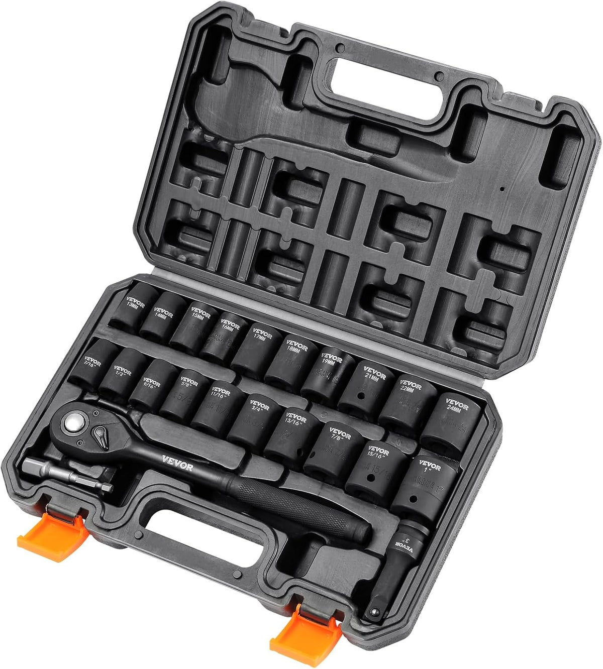 Professional 1/2" Drive Impact Socket Set, SAE 7/16" -1" & Metric 13-24mm 6 Point Cr-V Steel Socketswith Ratchet Wrench, Heavy Duty Storage Case for Auto Truck Household Repair