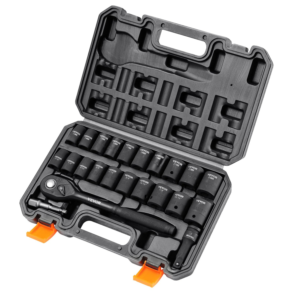 Professional 1/2" Drive Impact Socket Set, SAE 7/16" -1" & Metric 13-24mm 6 Point Cr-V Steel Socketswith Ratchet Wrench, Heavy Duty Storage Case for Auto Truck Household Repair
