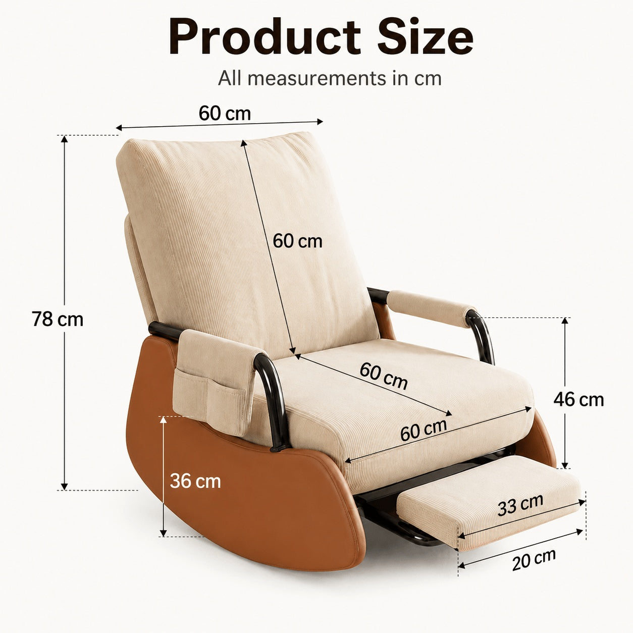 Folding Recliner Chair with Footrest, Corduroy Lazy Sofa Chair, 3-Level Adjustable Backrest, 60cm Thick Sponge Cushion, PU Leather Side Panels & Metal Frame, for Living Room & Bedroom