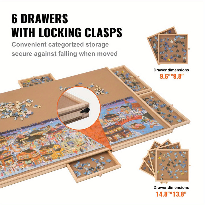 Adjustable Jigsaw Puzzle Table, Fits 1500 & 2000 Piece Puzzles, Portable Wooden Puzzle Board with Storage Drawers for Adults Puzzle Lovers