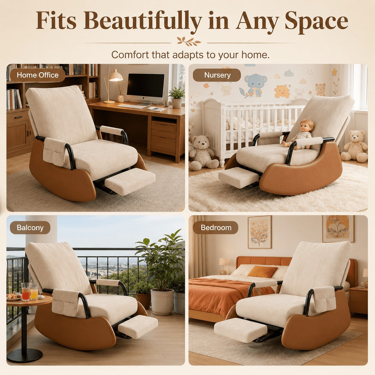 Foldable High Back Glide Rocker, Plush Seat & Footrest Sofa for Home Balcony