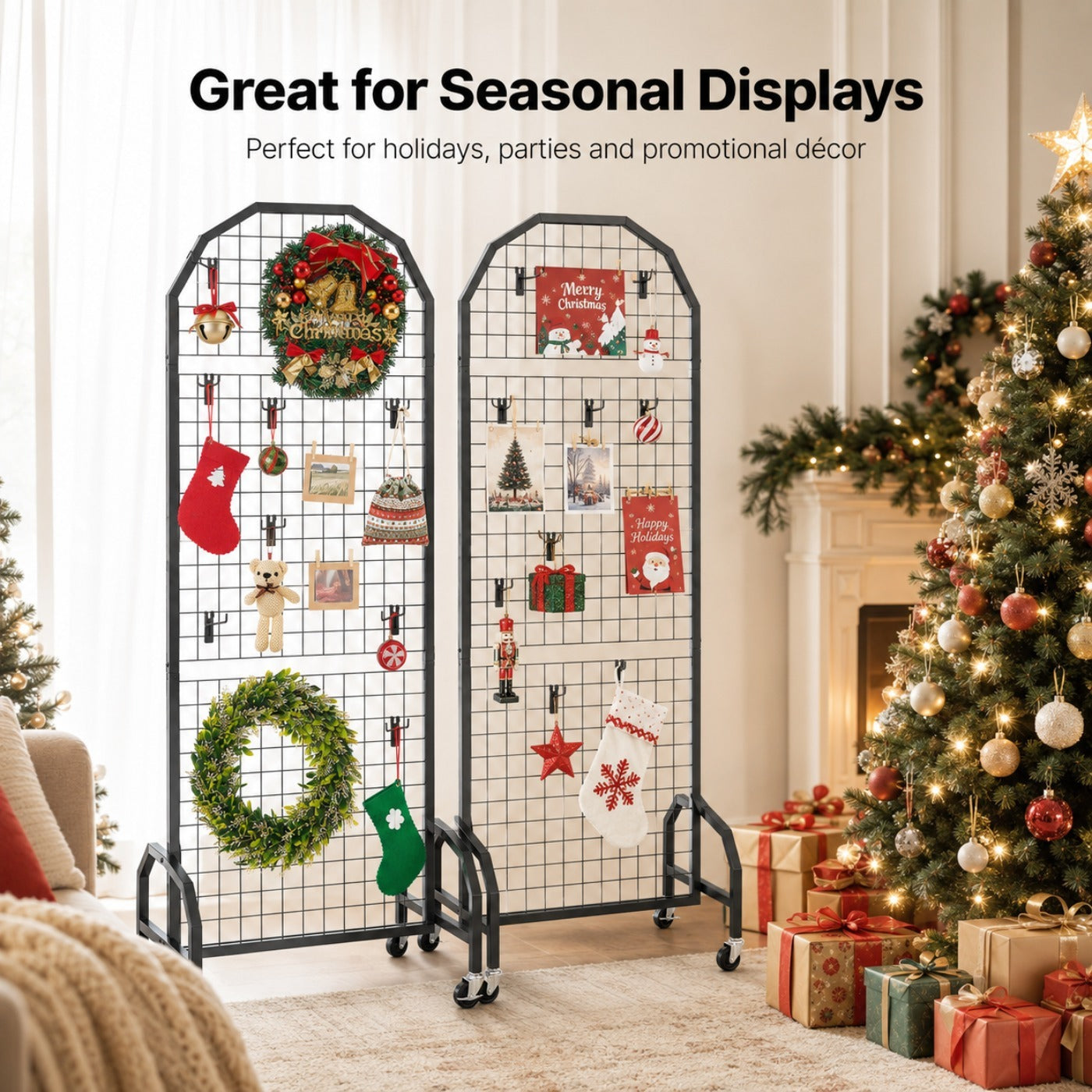 Wall Mount & Mobile Metal Wire Grid Wall Panel, Multi-Size Grid Display Wall for Home Decor, Retail Shop Exhibition Display, Black White Gold Available