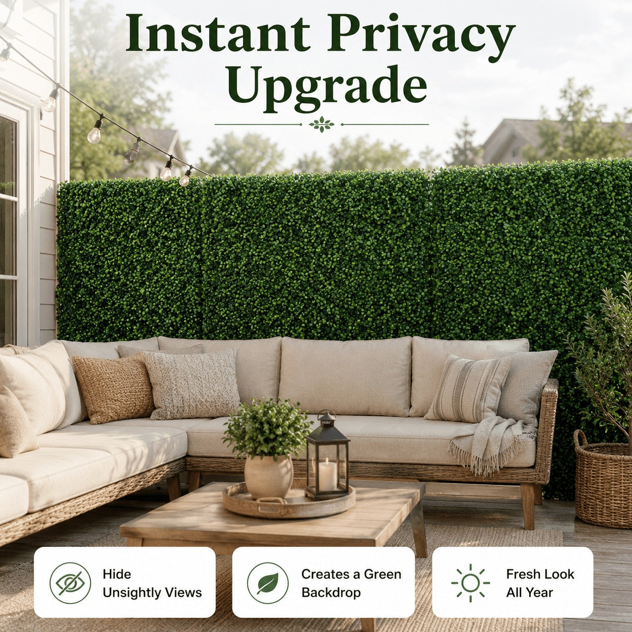 Faux Greenery Wall Panels, 24" x 16", UV Resistant Decorative Fence Screen, Ideal for Patio, Balcony, Garden, Backyard & Wedding Backdrop, Indoor & Outdoor Use