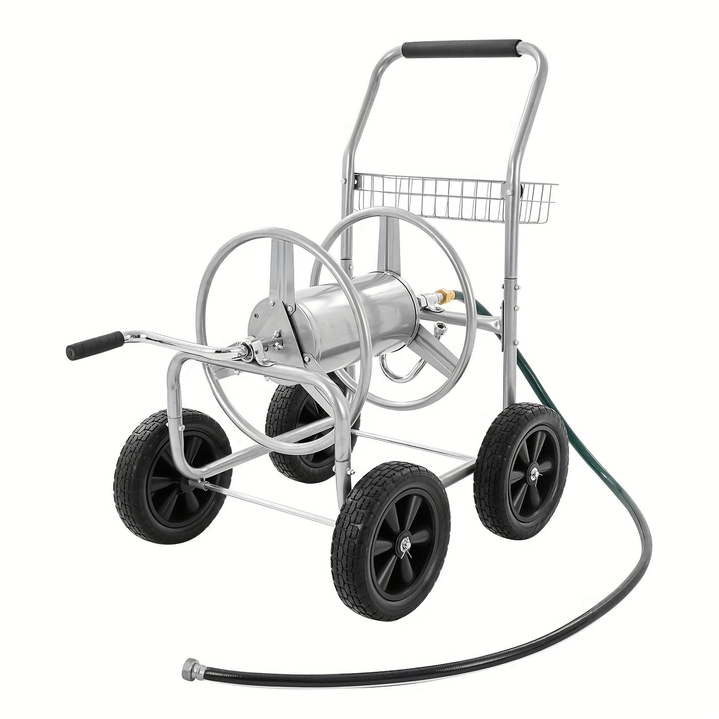 Hose Reel Cart, Hold Up to 250 ft of 5/8’’ Hose, Garden Water Hose Carts Mobile Tools with 4 Wheels, Heavy Duty Powder-coated Steel Outdoor Planting with Storage Basket, for Garden, Yard, Lawn (hose not included)