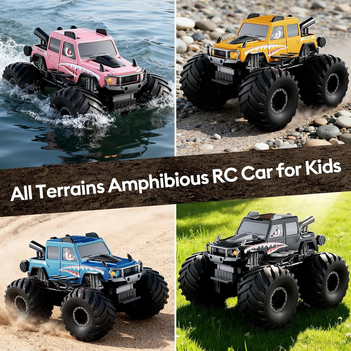 Amphibious Waterproof 4WD RC Monster Truck, 2.4GHz All Terrain Off-Road Pickup with 360° Rotation, Pool Water RC Vehicle Toy Gift for Boys Ages 8-12+ (Black)