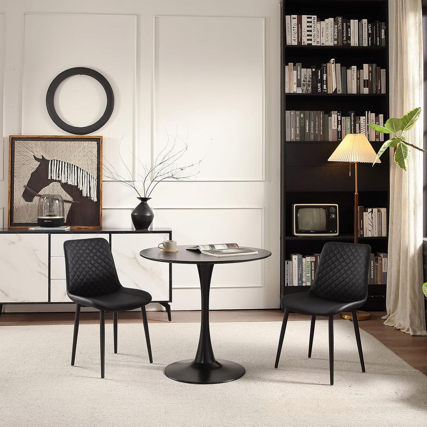 seonyou Dining Chairs Set of 2, Upholstered Mid Century Modern Dining Room Chairs, Leather Kitchen Chair with Metal Legs, Black