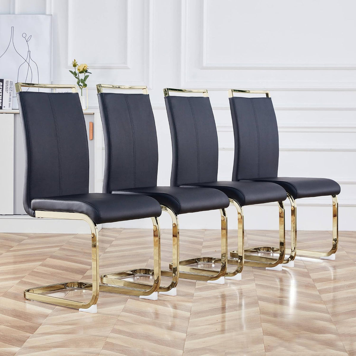 High Back Padded Dining Chairs with Golden Metal Legs, Faux Leather Kitchen Side Chair Sold in 1/2/4 Sets