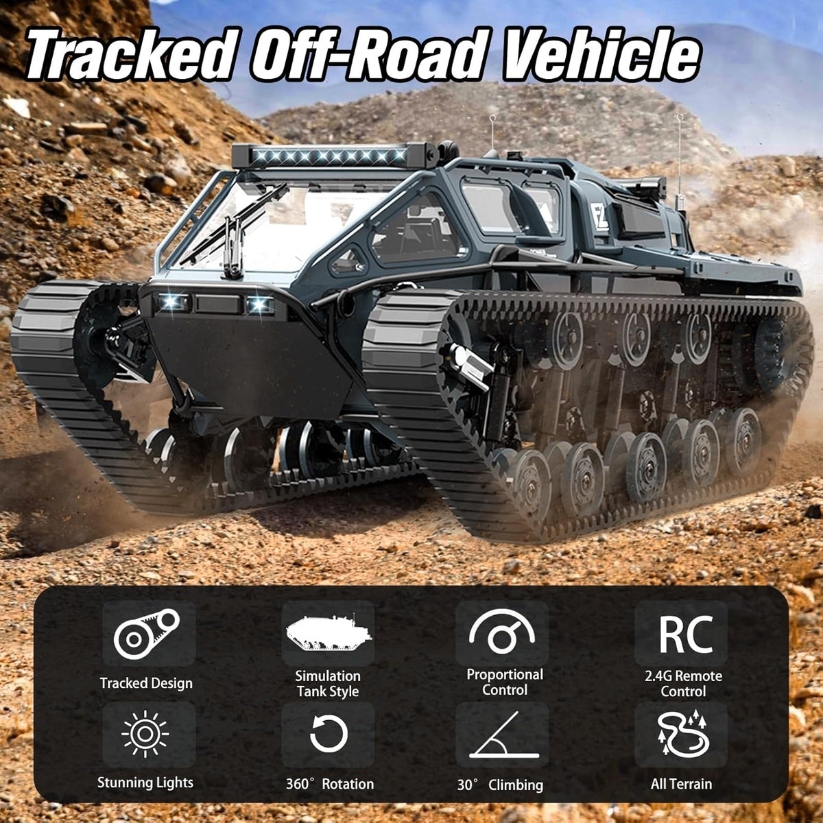 Mostop RC Tank Car, 1:16 Scale 2.4Ghz Remote Control Crawler High Speed Tank, Off-Road RC Tracked Vehicles 360°Rotating Drifting Car with 2 Batteries, Military Truck for Kids Adults