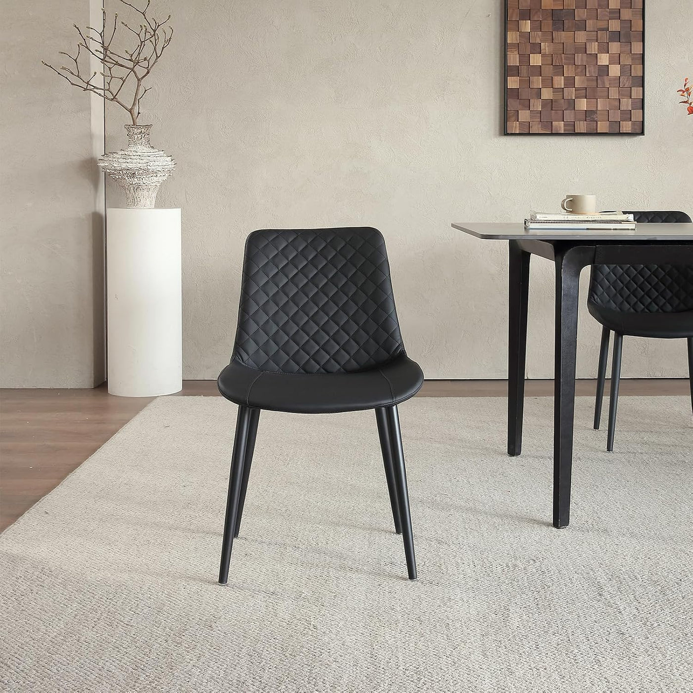 seonyou Dining Chairs Set of 2, Upholstered Mid Century Modern Dining Room Chairs, Leather Kitchen Chair with Metal Legs, Black