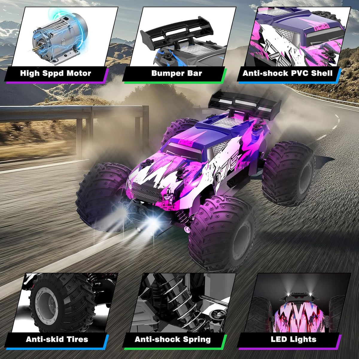 Sjpzwcrl Remote Control Car Toy Truck: - Hand Controlled Monster Truck Toys RC Car Electric Rock Crawler RC with Headlights and Colorful Toy Cars Body Lights for Boy Kids