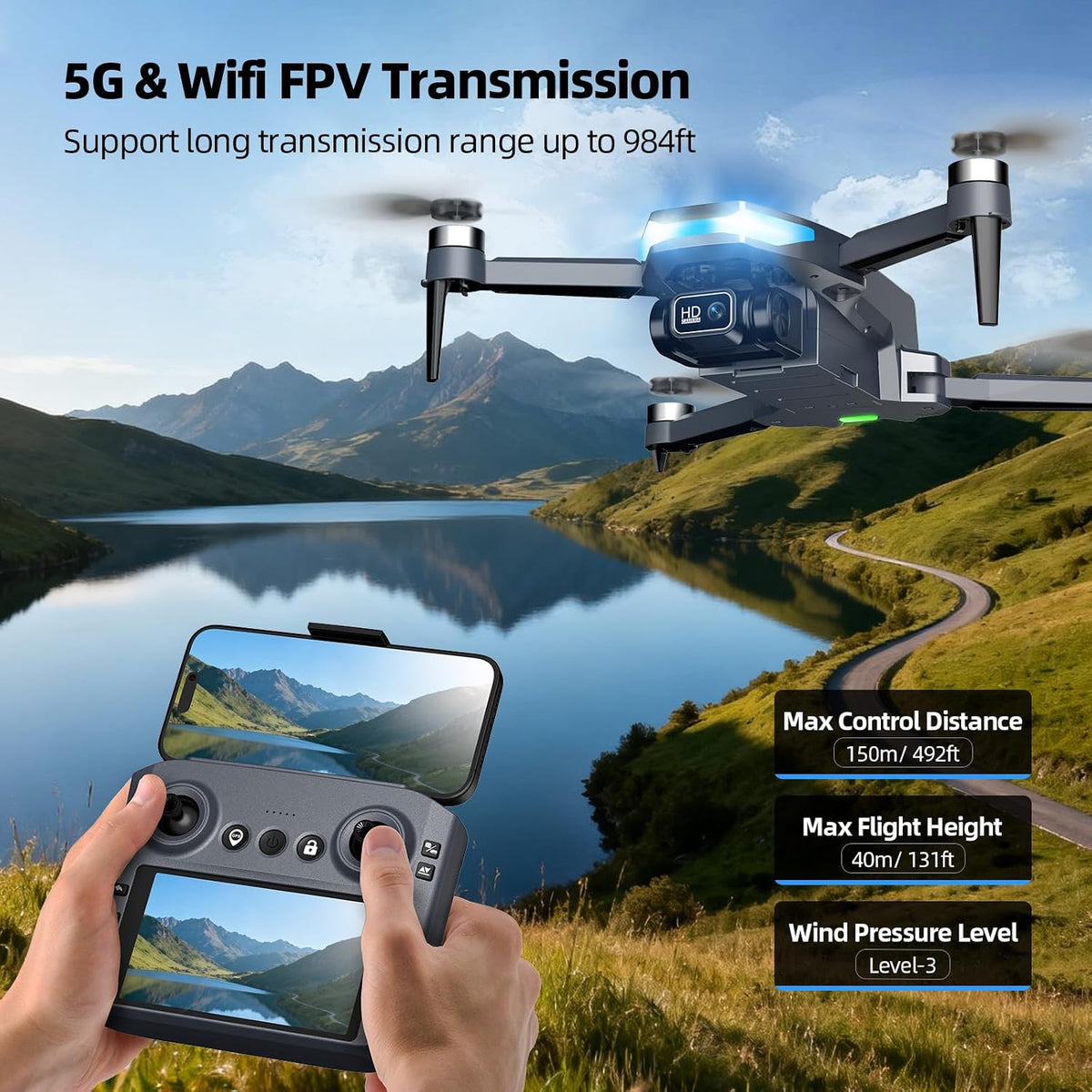 Professional 2K GPS Drone with Screen Remote, Follow Me Circle Fly, Brushless Foldable Quadcopter for Adults