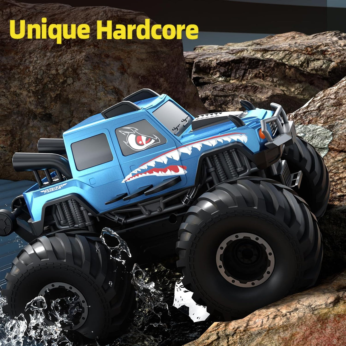 Amphibious Waterproof 4WD RC Monster Truck, 2.4GHz All Terrain Off-Road Pickup with 360° Rotation, Pool Water RC Vehicle Toy Gift for Boys Ages 8-12+ (Black)