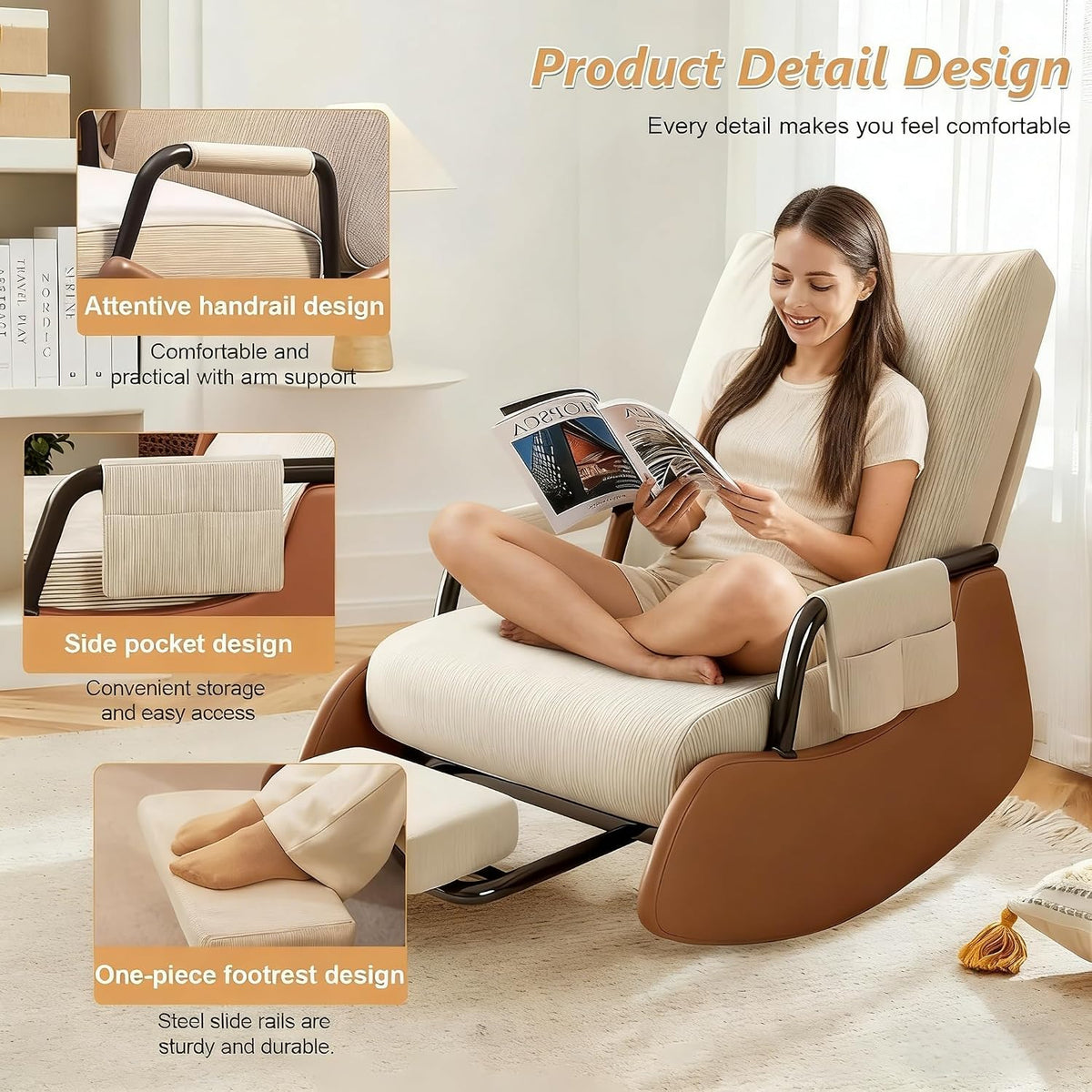 Adjustable Corduroy Rocker Recliner with Footrest & Side Pocket for Nursery Bedroom