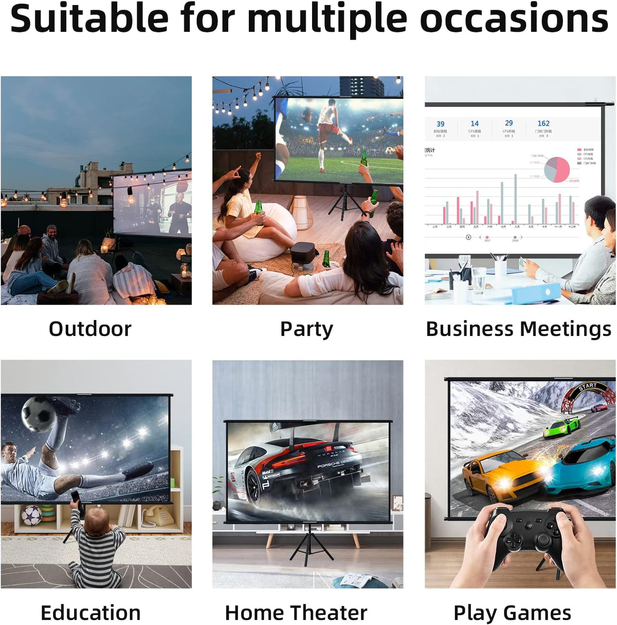 Portable Tripod Projector Screen with Stand, 16:9 4K Ultra HD 1080P Full HD Anti-Crease Projection Screen with Carry Bag for Indoor Outdoor Home Theater Party Movie Night