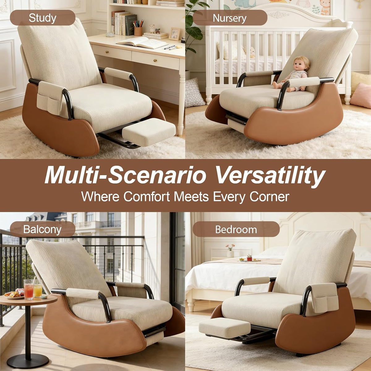 Adjustable Corduroy Rocker Recliner with Footrest & Side Pocket for Nursery Bedroom