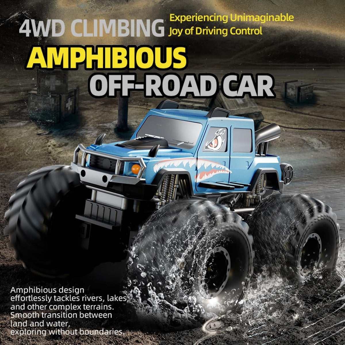 Amphibious Waterproof 4WD RC Monster Truck, 2.4GHz All Terrain Off-Road Pickup with 360° Rotation, Pool Water RC Vehicle Toy Gift for Boys Ages 8-12+ (Black)
