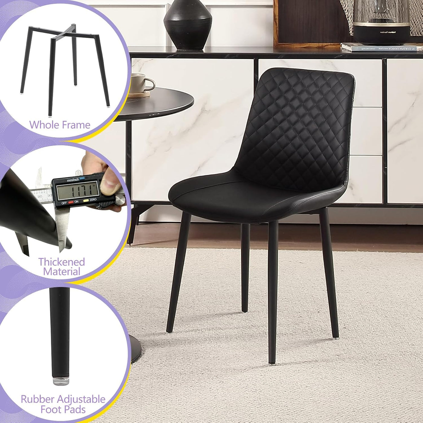 seonyou Dining Chairs Set of 2, Upholstered Mid Century Modern Dining Room Chairs, Leather Kitchen Chair with Metal Legs, Black