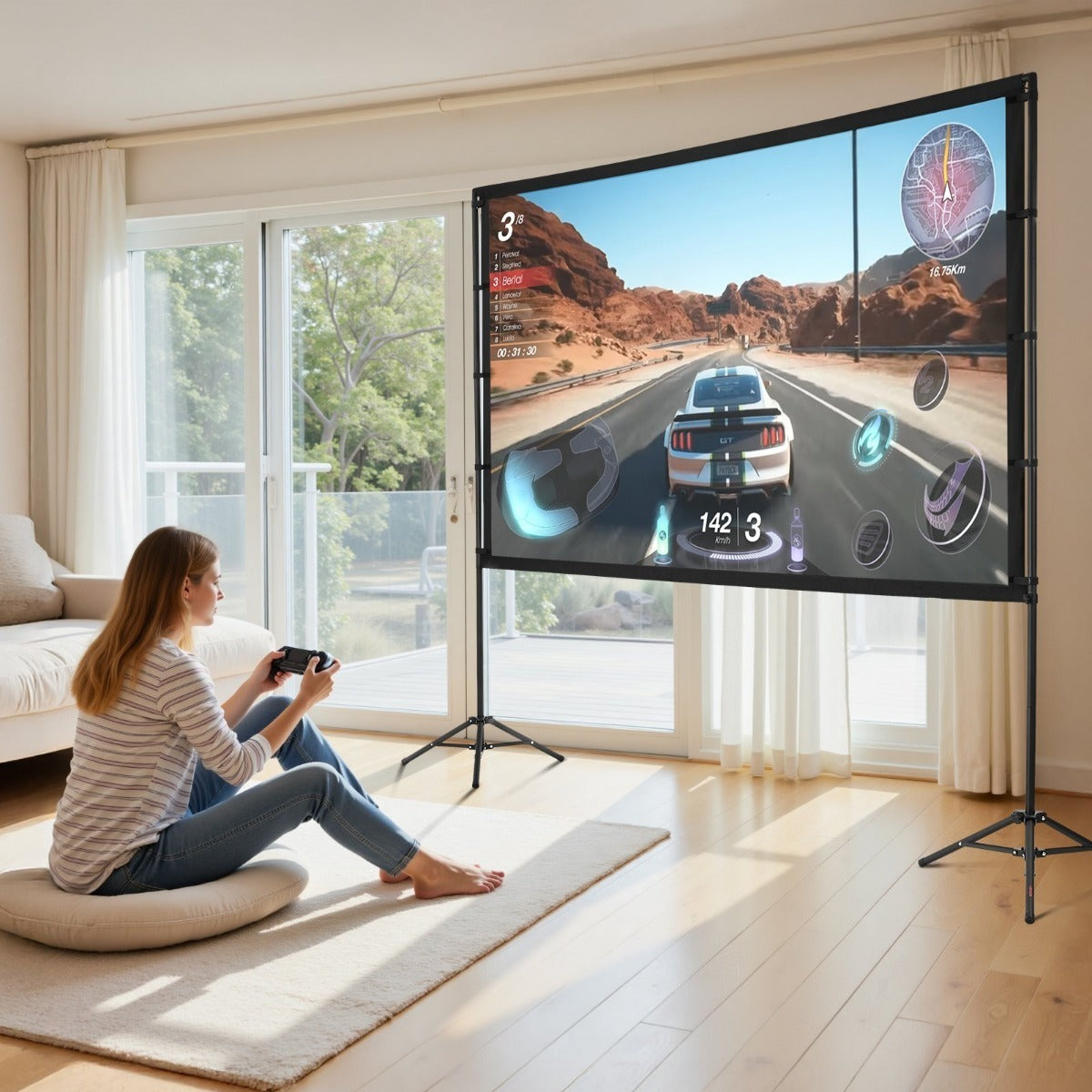 100/120/150 inch Projector Screen with Stand, 16:9 4K HD Portable Projection Screen for Indoor Outdoor Home Theater, Backyard Movie Night