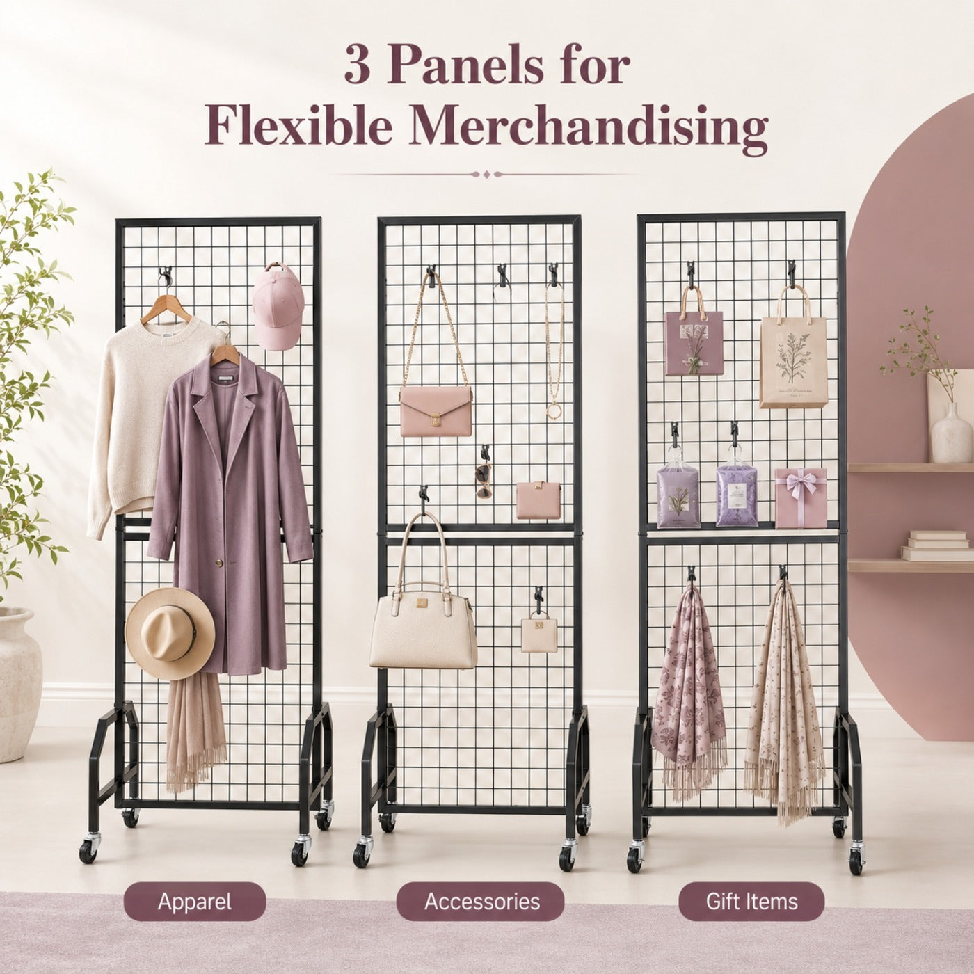 Wall Mount & Mobile Metal Wire Grid Wall Panel, Multi-Size Grid Display Wall for Home Decor, Retail Shop Exhibition Display, Black White Gold Available