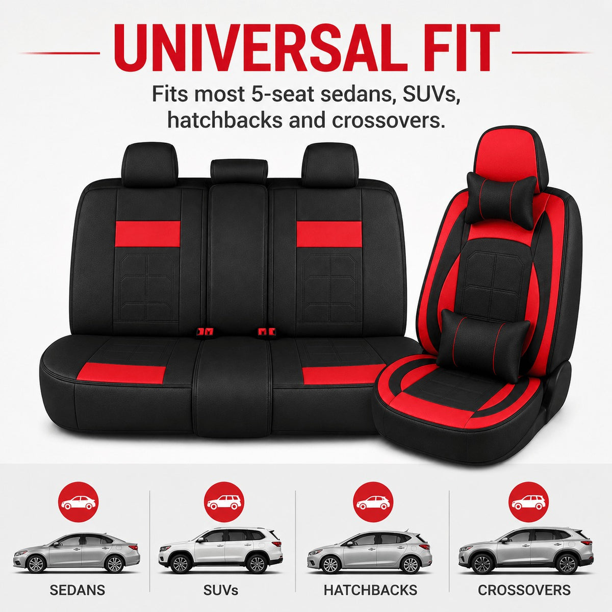 Universal Full Set 5 Car Seat Covers for 5-Seater Vehicles, Waterproof Faux Leather Auto Seat Cushion Protector, Multiple Styles Black Red Pink Blue Orange Gray Car Seat Covers Interior Decoration for Sedan SUV Van Pickup Truck