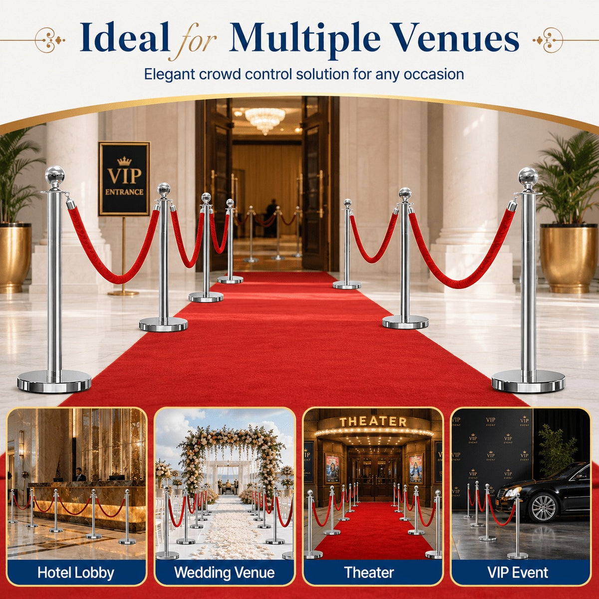 Crowd Control Stanchion Multiple Styles | Retractable Belt & Velvet Rope Queue Barrier Posts for Events, Weddings, Red Carpet & Venue Line Management