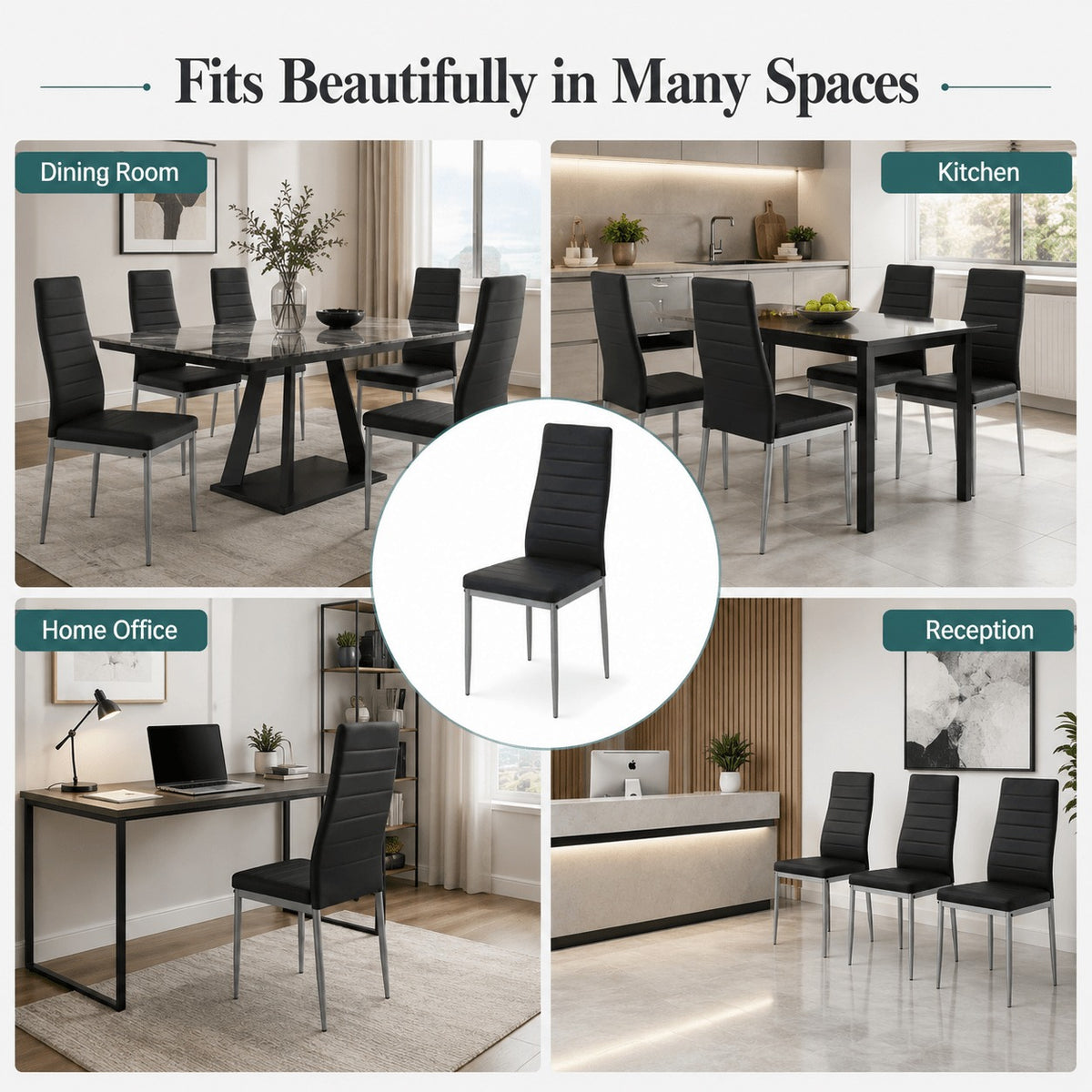Leather Upholstered Dining Chairs, Metal Leg Kitchen Side Chairs with Thick Cushions, Set 1/2/4