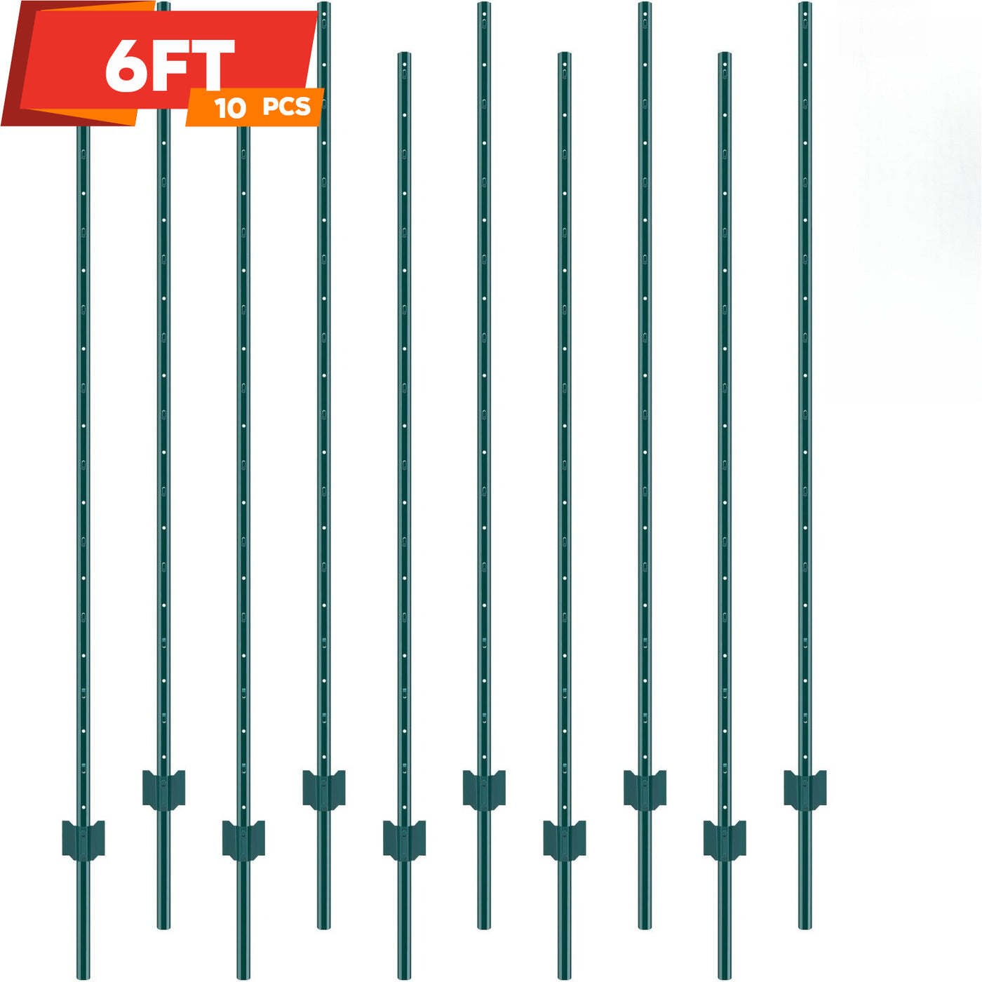 Green T Post Metal Fence Posts 4/5/6/7FT, 10 Pack Heavy Duty Steel Fence Stakes for Farm Garden Livestock Chicken Wire Fencing