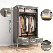 Portable Fabric Wardrobe with 3 Drawers, 90cm Gray Clothes Storage Organizer, 170cm Tall Closet with Hanging Rod for Bedroom, Dorm & Small Spaces