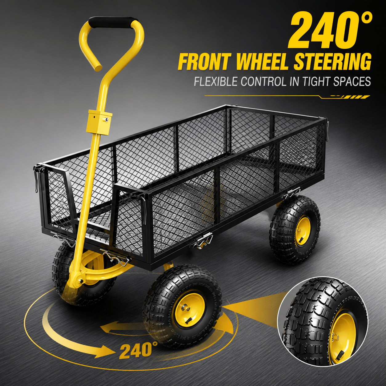 500kg Steel Hand Truck & Utility Cart, Side-Loading Multi-Purpose Trolley, Heavy-Duty Outdoor Wagon for Rural, Garden and Warehouse Loading