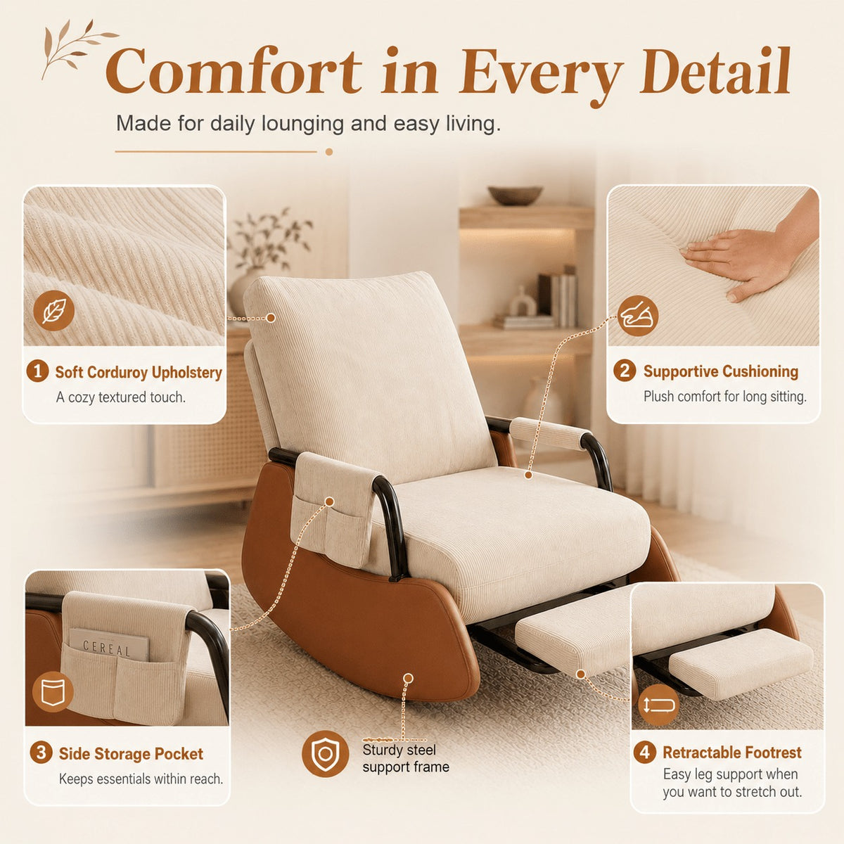 Foldable High Back Glide Rocker, Plush Seat & Footrest Sofa for Home Balcony