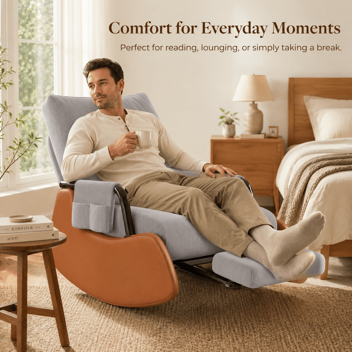 Adjustable Corduroy Rocker Recliner with Footrest & Side Pocket for Nursery Bedroom