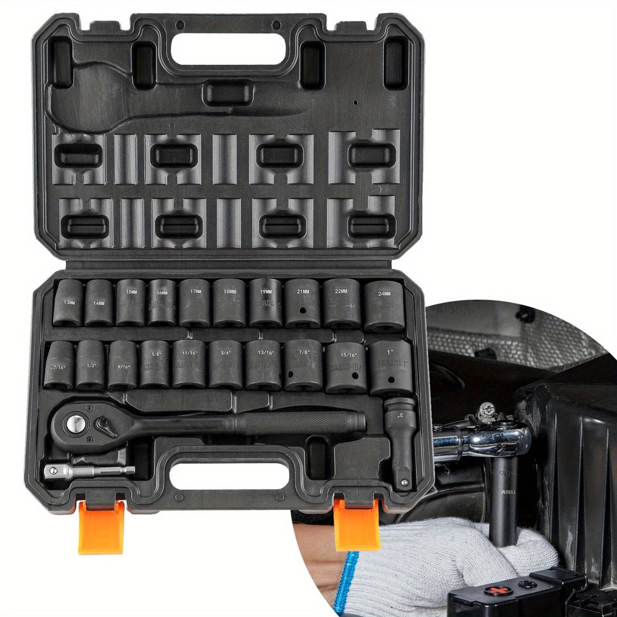 Professional 1/2" Drive Impact Socket Set, SAE 7/16" -1" & Metric 13-24mm 6 Point Cr-V Steel Socketswith Ratchet Wrench, Heavy Duty Storage Case for Auto Truck Household Repair