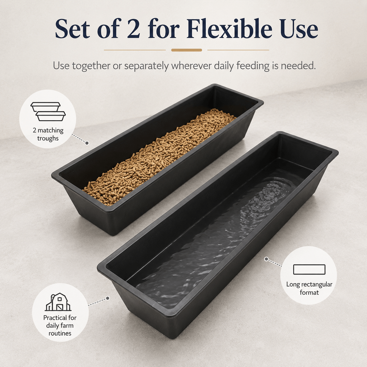 Set of 2, 4-Piece Livestock Feed Troughs, Heavy Duty Animal Feeding Troughs 99 x 30 x 17 cm, Large Capacity Black Feed Containers, Suitable for Horses, Goats, Sheep, Cattle, Poultry, Farms & Stables