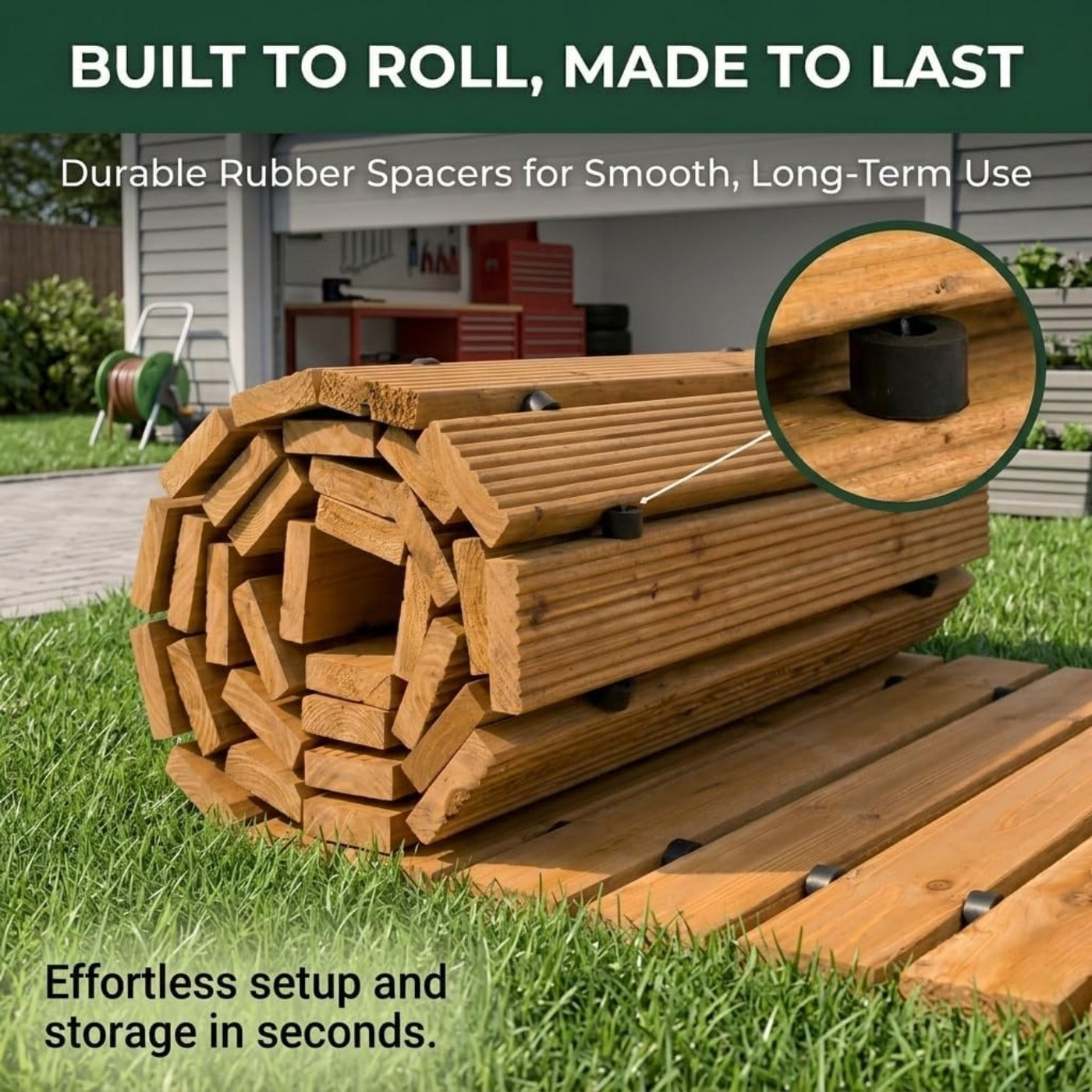 Roll-Up Natural Hardwood Garden Pathway Mat, Weather Resistant Outdoor Wooden Walkway, Multiple Sizes 8/10/12FT, Natural & Brown Color Options