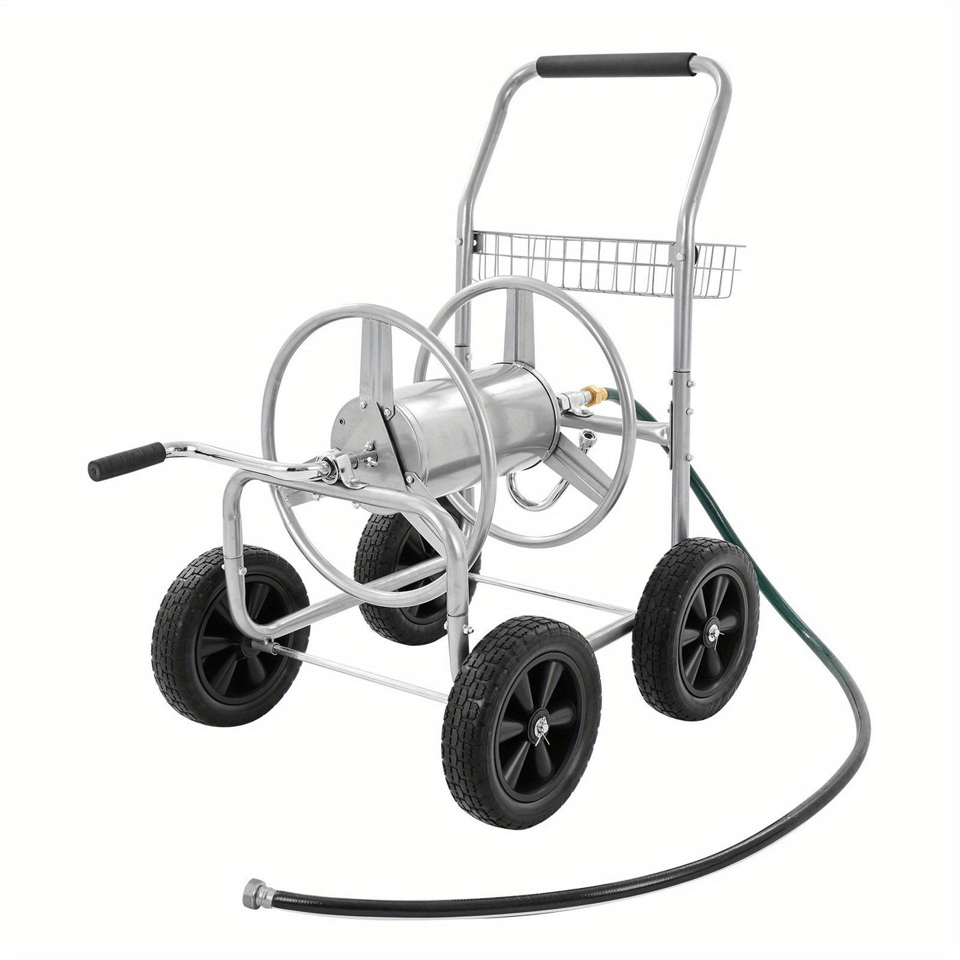 Hose Reel Cart, Hold Up to 250 ft of 5/8’’ Hose, Garden Water Hose Carts Mobile Tools with 4 Wheels, Heavy Duty Powder-coated Steel Outdoor Planting with Storage Basket, for Garden, Yard, Lawn (hose not included)
