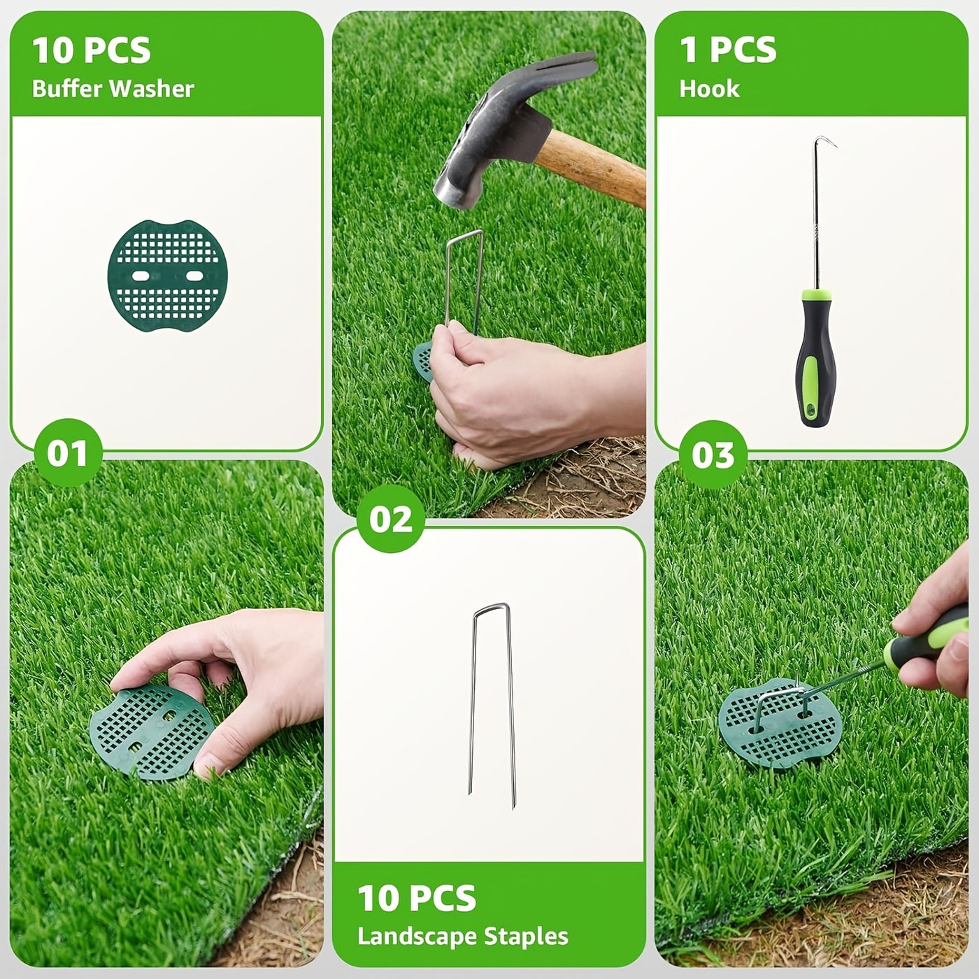 15mm Spring Artificial Grass, Green Synthetic Turf with Complete Installation Kit for Garden, Patio & Outdoor Decor