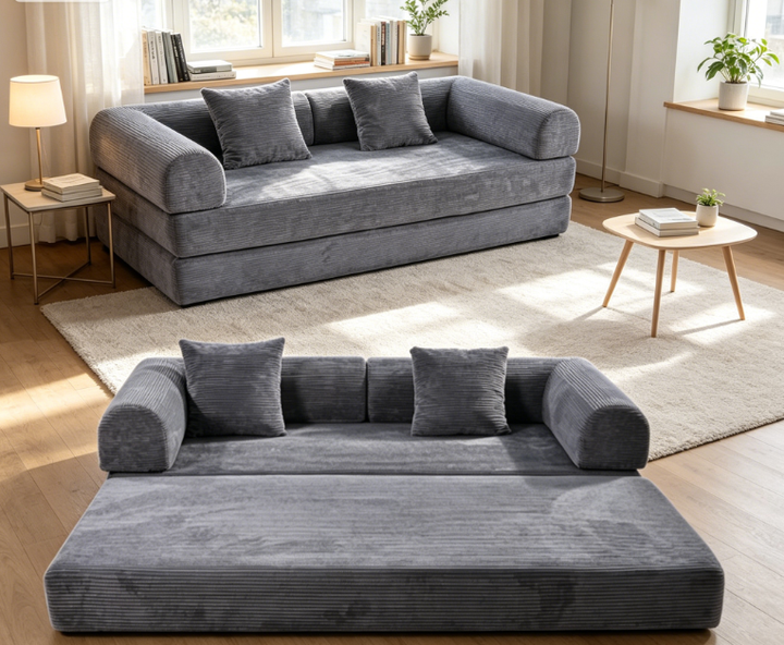 3 Colors Cream White Black Charcoal Gray Convertible Corduroy Sofa Bed 195cm Multi-Functional Modular Floor Couch for Living Room Bedroom Small Apartment