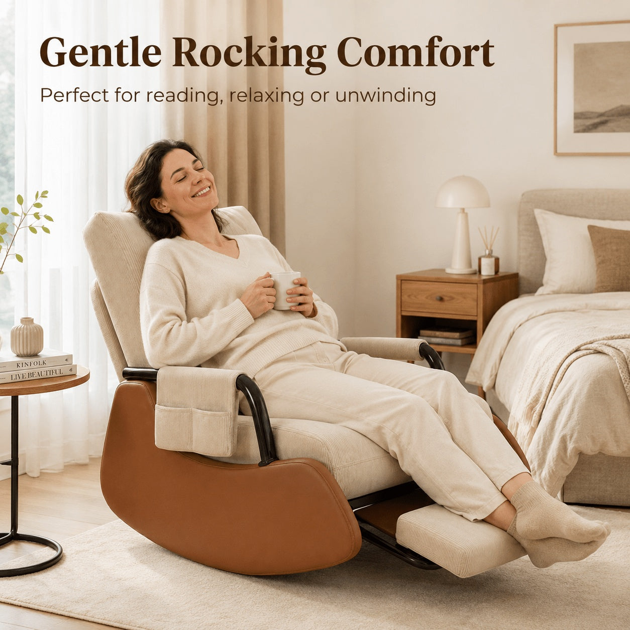 Folding Recliner Chair with Footrest, Corduroy Lazy Sofa Chair, 3-Level Adjustable Backrest, 60cm Thick Sponge Cushion, PU Leather Side Panels & Metal Frame, for Living Room & Bedroom