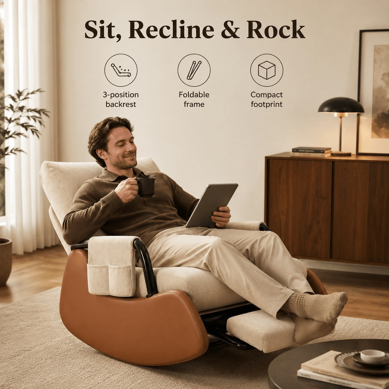 Folding Recliner Chair with Footrest, Corduroy Lazy Sofa Chair, 3-Level Adjustable Backrest, 60cm Thick Sponge Cushion, PU Leather Side Panels & Metal Frame, for Living Room & Bedroom