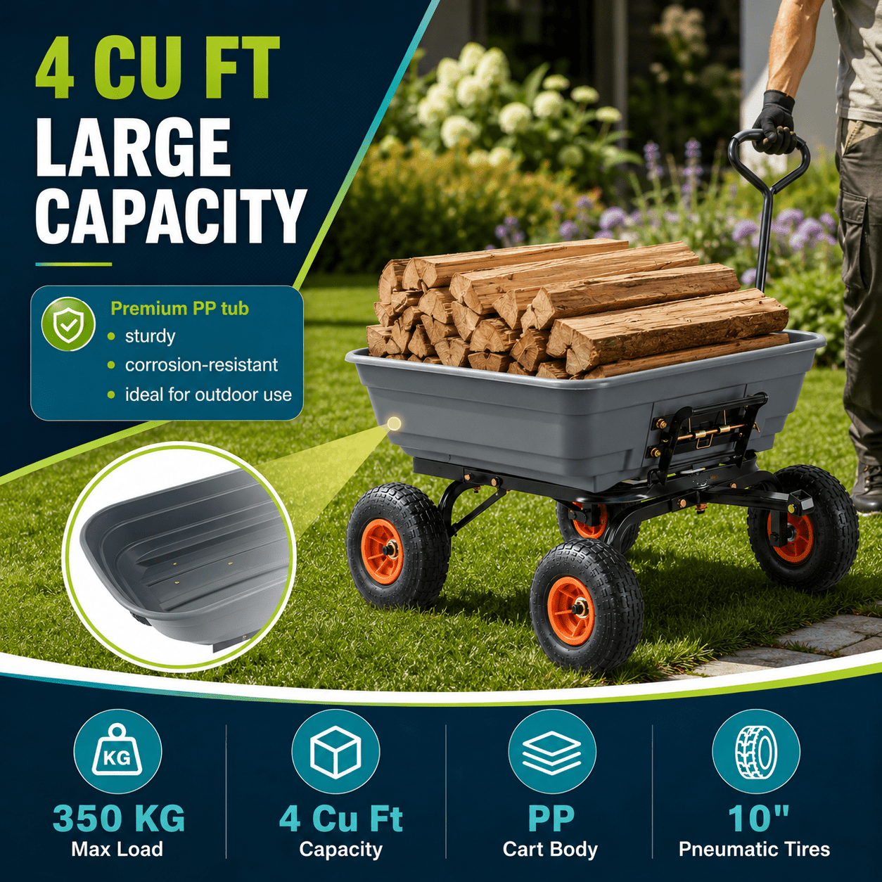 Heavy Duty Garden Wagon Cart, 350 KG Max Load Utility Yard Cart, 4 Cu Ft PP Tub, 10" Pneumatic Tires, 180° Handle, Overall 74.80"L x 25"W x 20.87"H