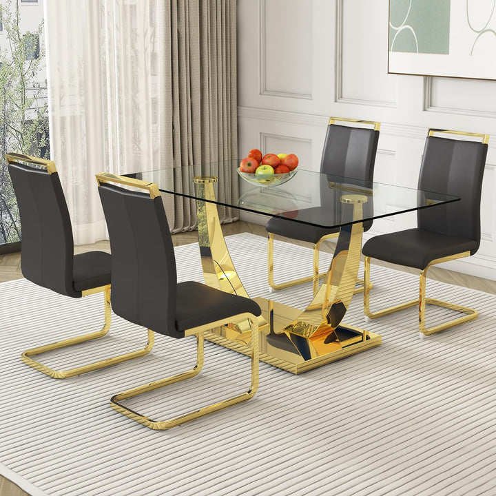 High Back Padded Dining Chairs with Golden Metal Legs, Faux Leather Kitchen Side Chair Sold in 1/2/4 Sets
