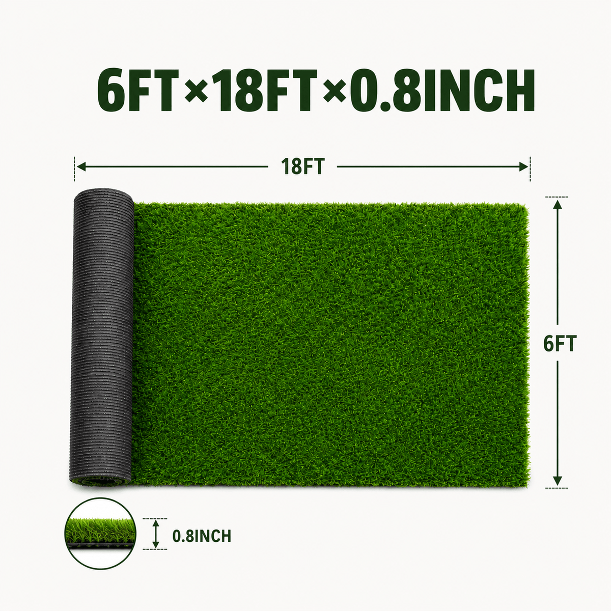 6FT x 18FT Artificial Grass Turf, 0.8in Thick Synthetic Turf Roll with Thickened Backing, Drainage Holes & Installation Accessories, Easy-Care Low-Cost Maintenance Fake Grass for Dogs, Patio, Poolside, Backyard, Porch, Garden & Pet Area