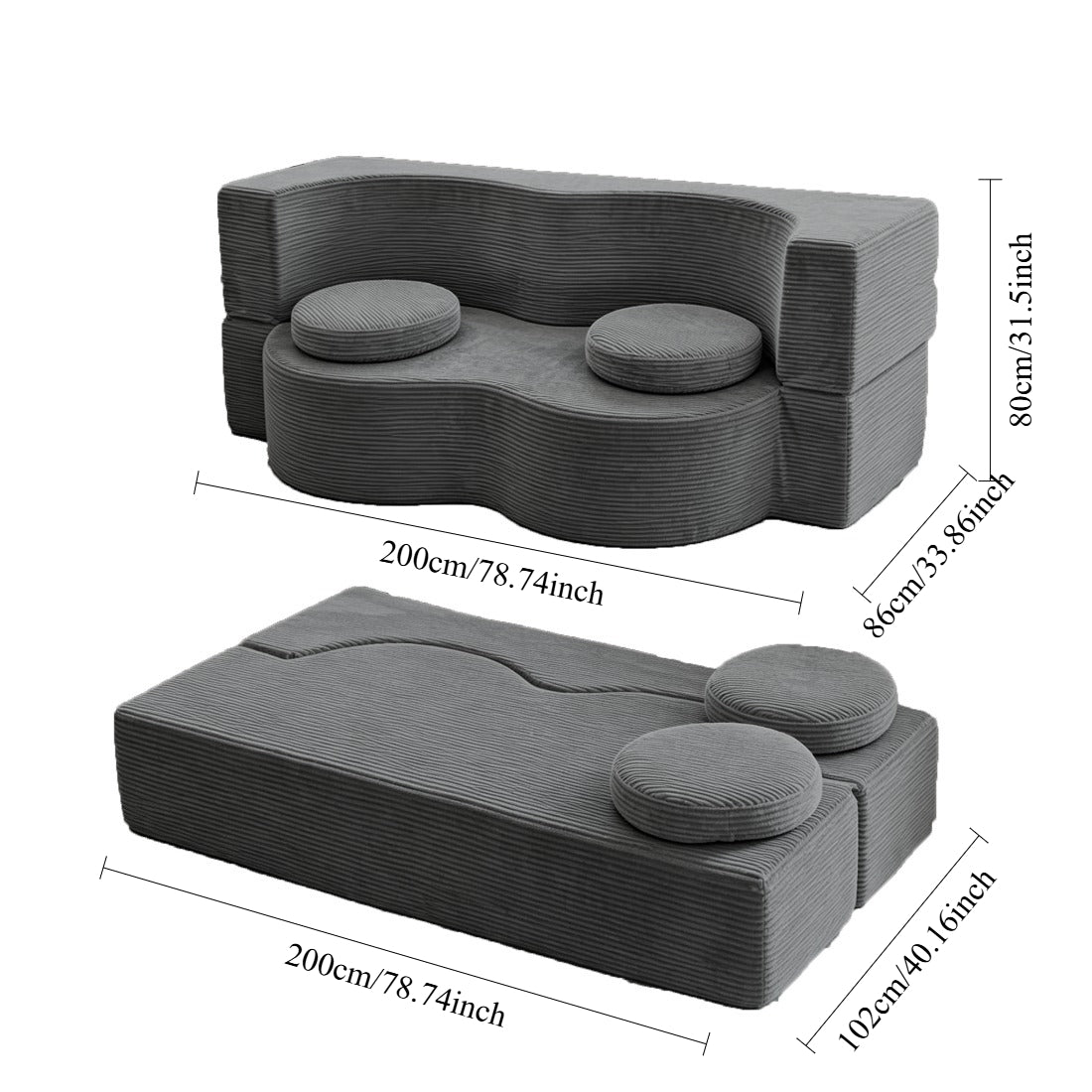 Ultra Soft Gray Compressed Floor Sectional Sofa, Multi-Position Reclining Modular Couch, Easy Setup Foldable Sofa Guest Bed
