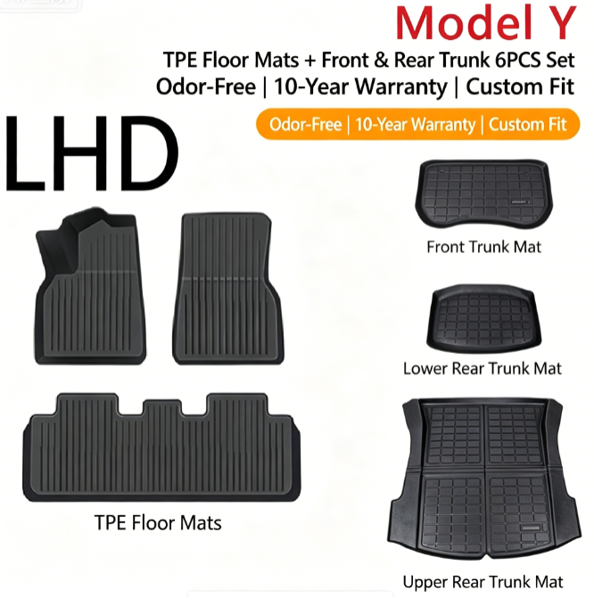 6-Piece Set Suitable for Tesla for Model Y for 2019-2024 Car TPE Left-Hand Drive 5-Seater All-Weather 3D Anti Slip TPE Floor Mat