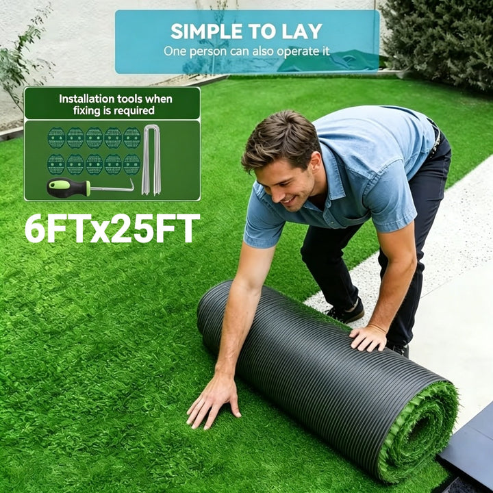 6ft x 25ft Artificial Grass 150 sq ft, 0.7 Inch Pile Height Multi-Purpose Synthetic Turf with Grass Installation Tools for Garden, Patio, Balcony, DIY Decor, Indoor & Outdoor Use
