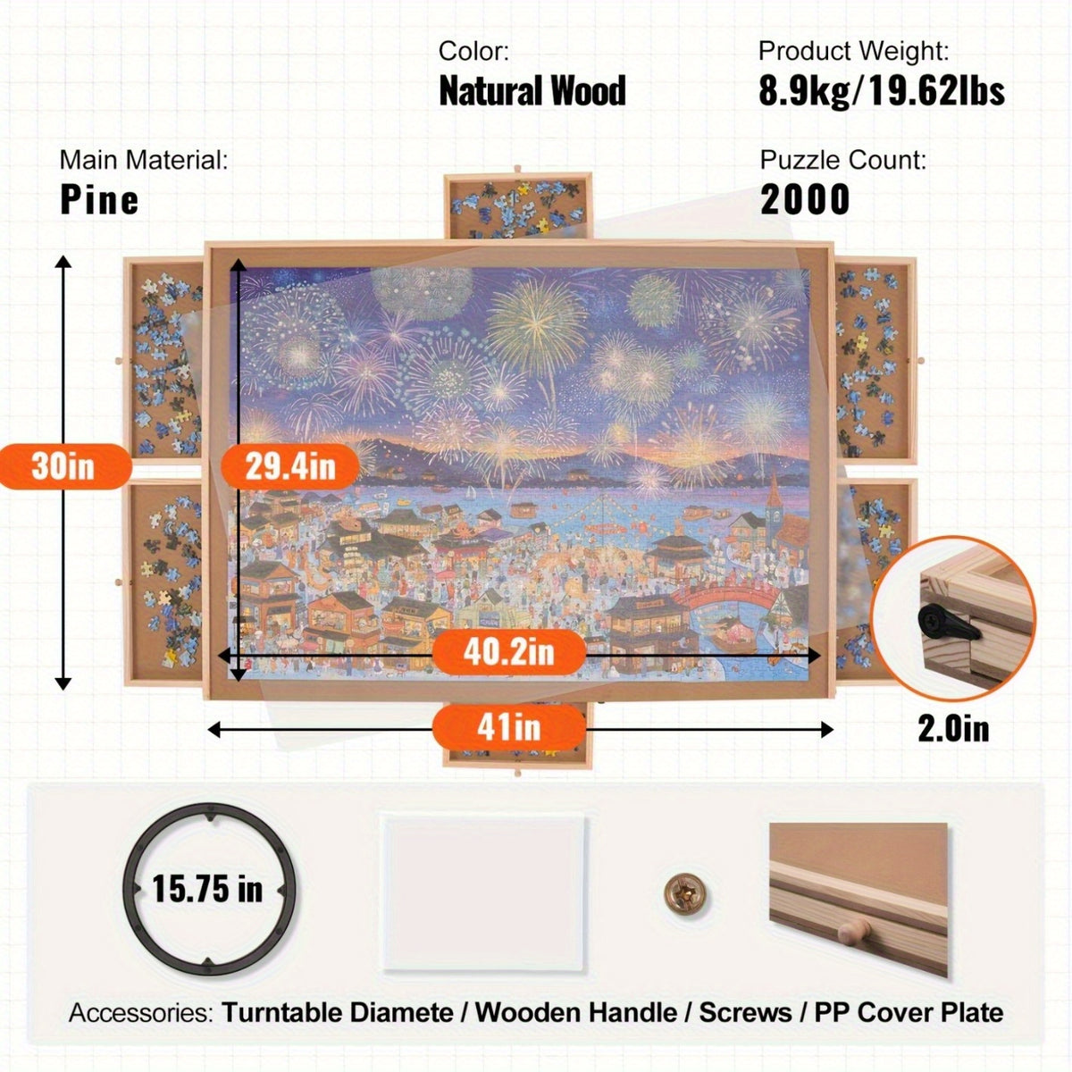 Adjustable Jigsaw Puzzle Table, Fits 1500 & 2000 Piece Puzzles, Portable Wooden Puzzle Board with Storage Drawers for Adults Puzzle Lovers