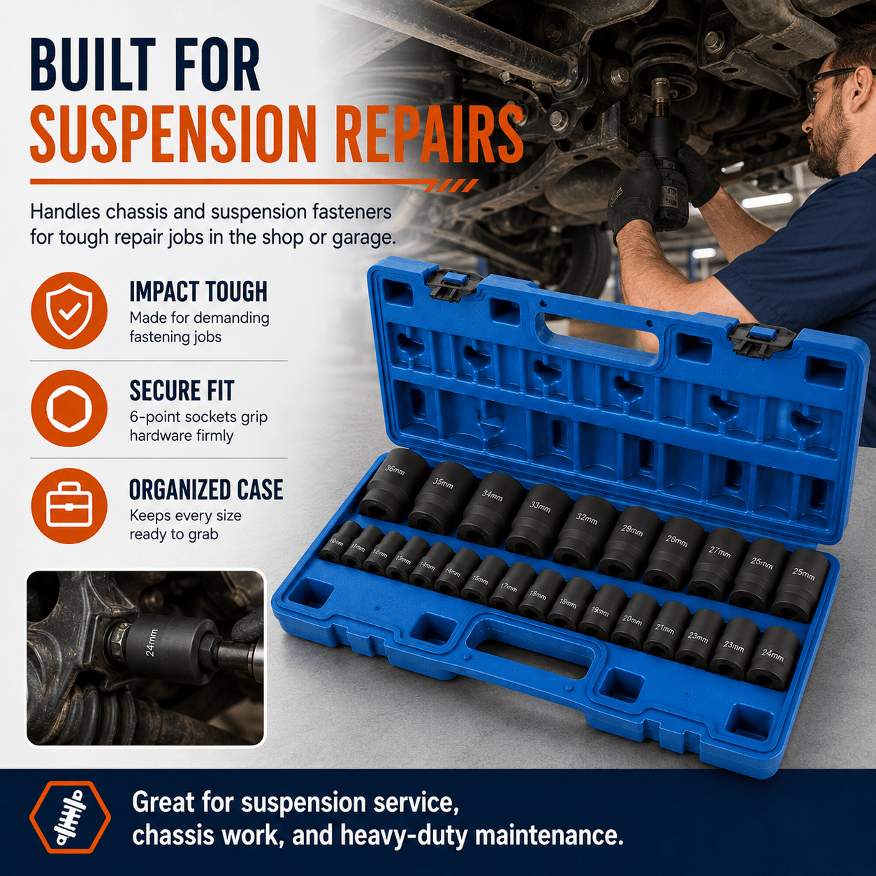 35-Piece 1/2" Drive Metric Impact Socket Set, 8–32 mm Cr-Mo Steel Sockets, 38 mm Shallow & 78 mm Deep Lengths, 6-Point Design, Black Phosphate Finish with 45 x 19 cm Steel Case 跨境标准翻译（标题 + 专业术语拆解 + 上架五点描述） 商品标题（亚马逊 / Shopify 商用译版） 35 件套 1/2 英寸方驱公制冲击