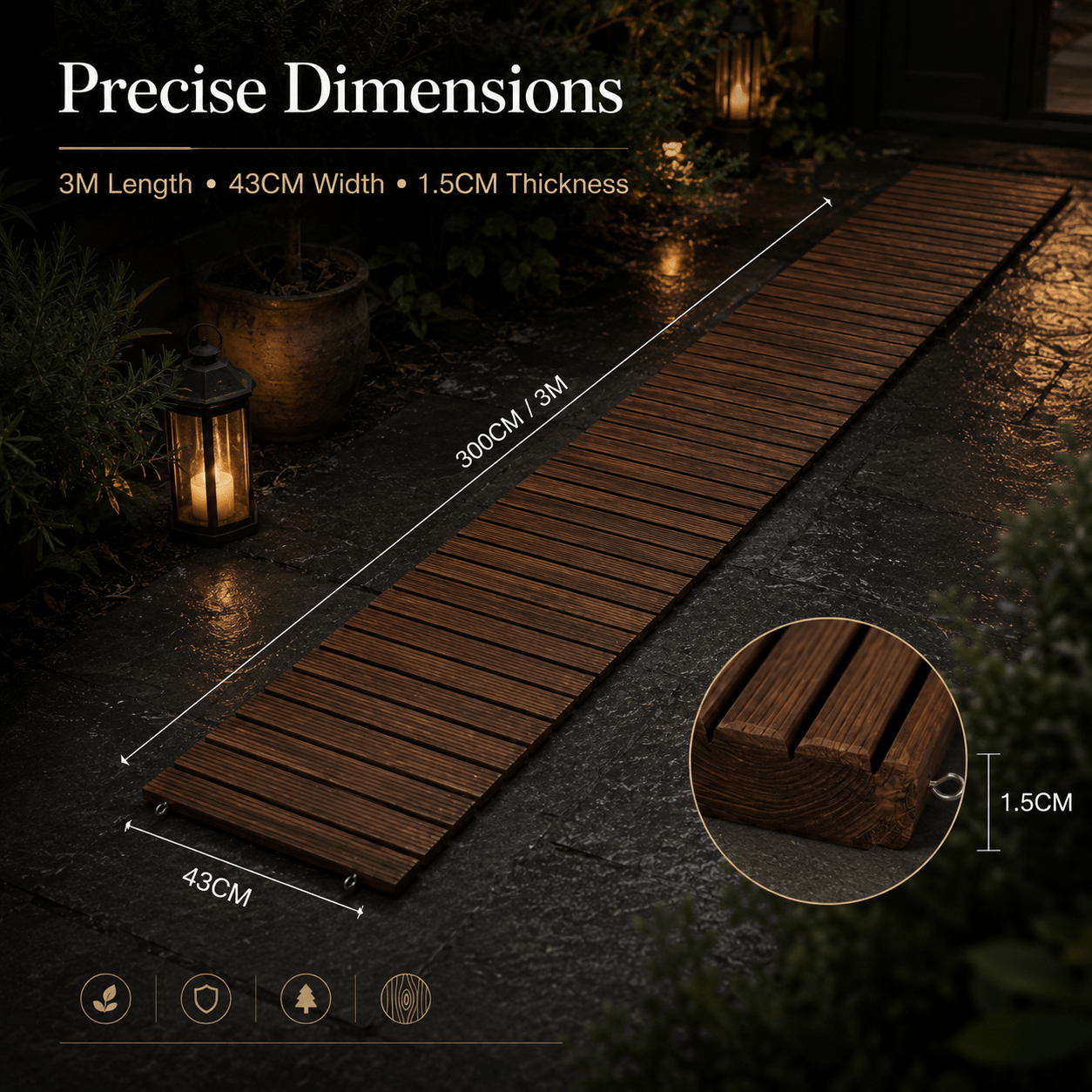 Roll-Up Natural Hardwood Garden Pathway Mat, Weather Resistant Outdoor Wooden Walkway, Multiple Sizes 8/10/12FT, Natural & Brown Color Options