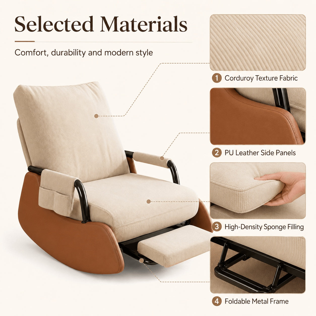Folding Recliner Chair with Footrest, Corduroy Lazy Sofa Chair, 3-Level Adjustable Backrest, 60cm Thick Sponge Cushion, PU Leather Side Panels & Metal Frame, for Living Room & Bedroom